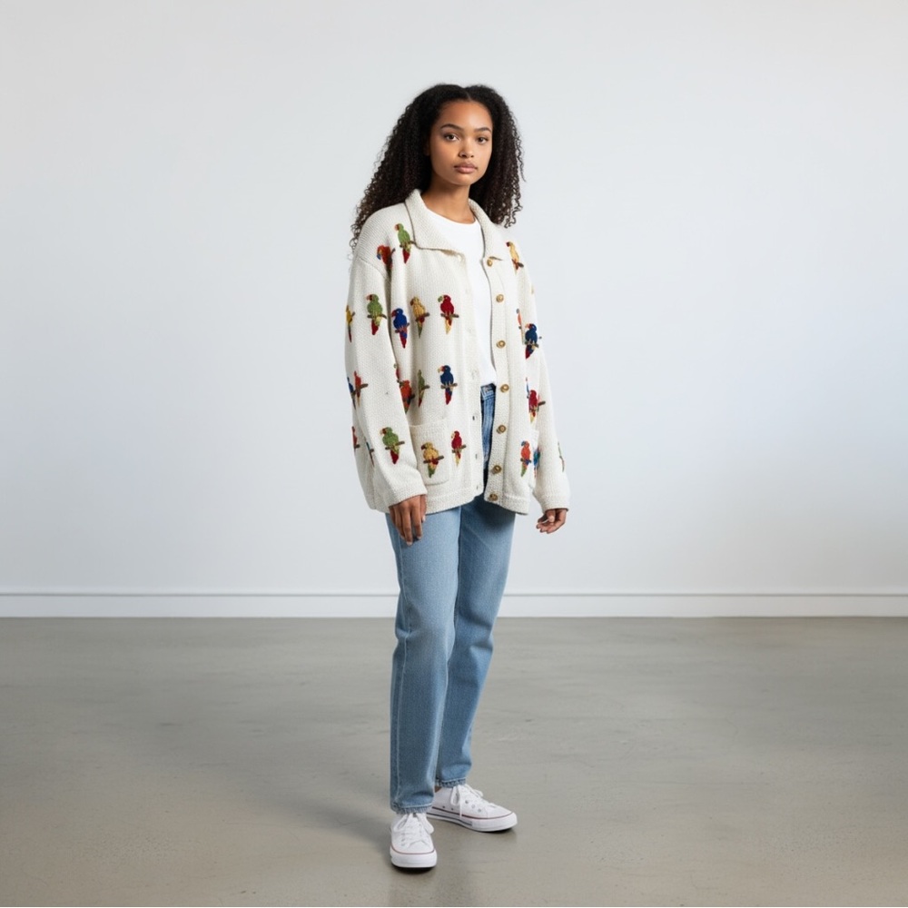 Cotton Salsa Cotton VTG Unisex Embroidered Parrot Knit Cardigan Sweater Size XL